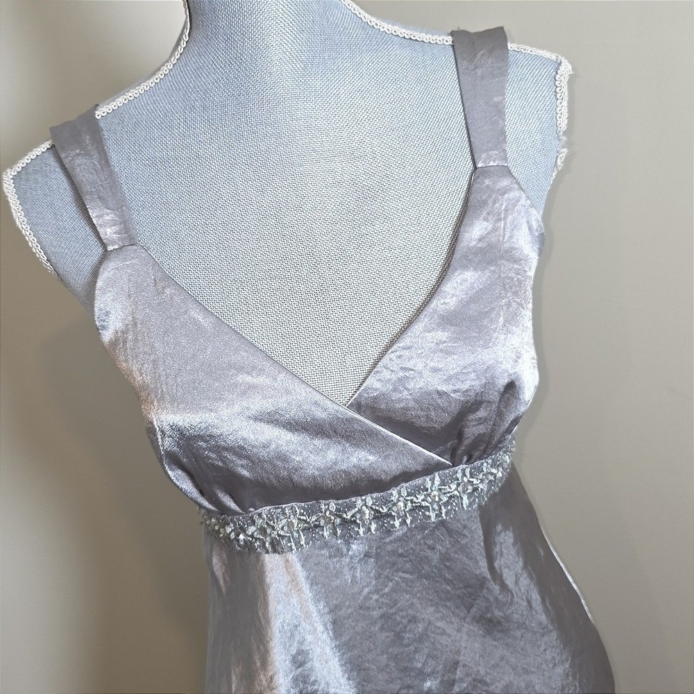 Anxiety Womens Silver Metallic Beaded Empire Waist Camisole Top‎ Y2K Medium